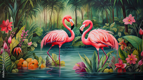 Tropical Oasis: Pair of Pink Flamingos in Lush Lake Surroundings