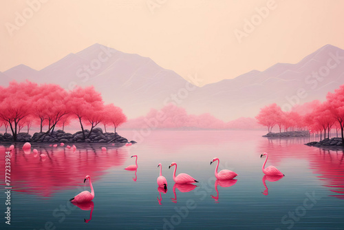 Lake Retreat: Group of Pink Flamingos Amidst Rosy and Azure Hues