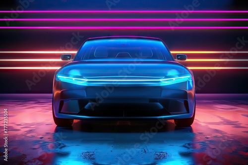 Front of the car with motion lighting background EV car concept Banner size