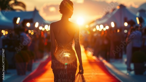 Elegant woman in designer evening gown walks down the red carpet illuminated by flashing camera lights with Cannes Palais des Festivals in the background