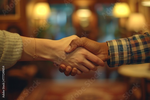 Warm handshake in an ambient room, showcasing mutual respect and agreement