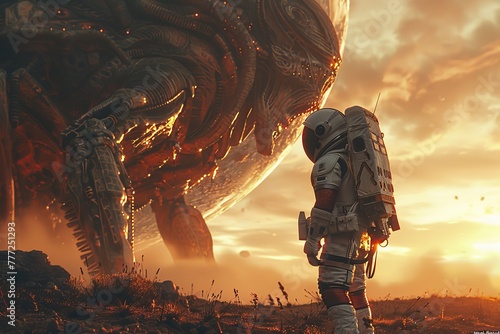 A lone astronaut stands facing a massive alien creature on a mysterious planet with a sunset backdrop