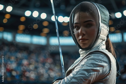 Determined female fencer, Olympic competition, poised and focused, in mask with epee, sports arena.