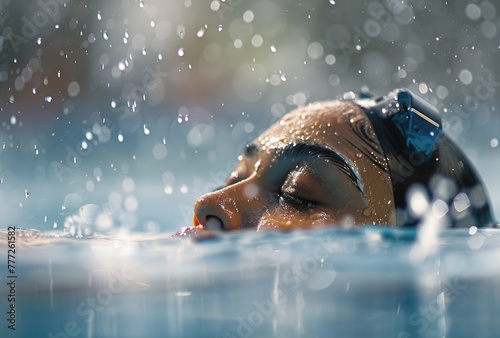 Female swimmer in water, side view, Olympic Games Paris concept, sparkling droplets background