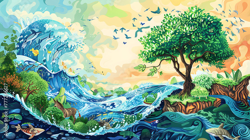 A painting of a river with a waterfall and a bird flying over it landscape wallpaper natural resources