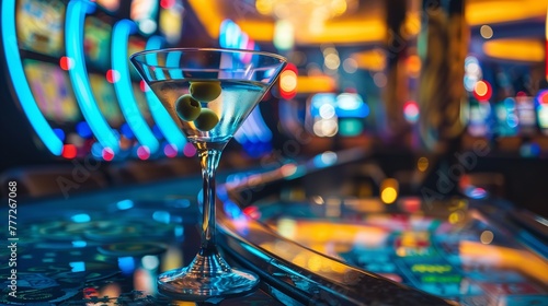 Shot taken from a cinematic vantage point depicting a martini glass with an olive over a casino table with fuzzy slot machines in the setting and space, Generative AI.