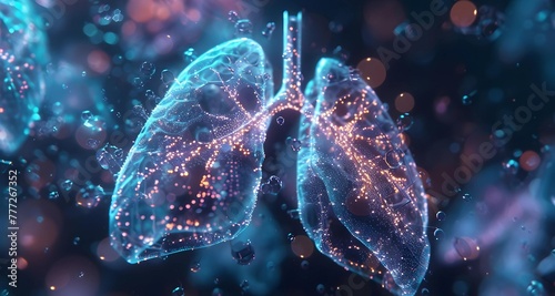 A futuristic 3D render depicting nanotechnology-driven inhalable sensors for respiratory health monitoring, offering real-time feedback on lung function and air quality exposure