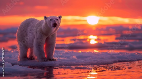 Polar Bear stands on melting sea ice at sunset