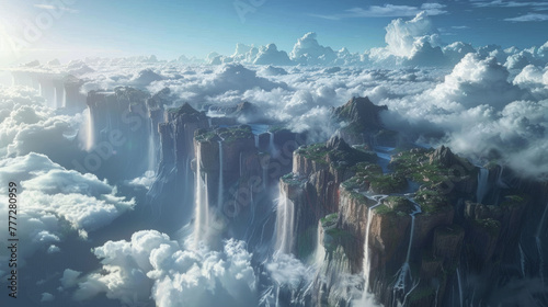 Fantasy Landscape, Imaginary sky archipelago with waterfalls defying gravity.