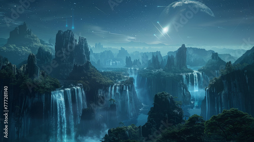 Sci-Fi Landscape, An ethereal sci-fi scene featuring a radiant forest and a city.