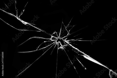 Broken glass. Cracked window texture realistic destruction hole in damaged glass. Vector realistic shattered glass template in Black