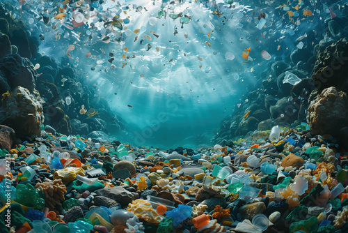 underwater view of plastic trash near seashore with sunlight