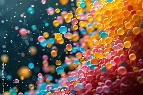 colorful microscopic particles suspended in water. microplastic pollution concept