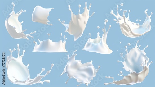 Isolated on blue background, this 3D illustration shows milk splashes of assorted shapes. Moisturizing lotion, white cosmetics splashed on blue background.