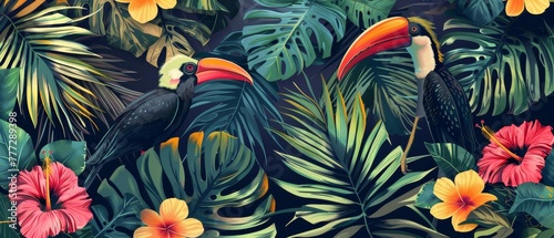 Summer tropical jungle background modern. Exotic plants, hornbills, hibiscus flowers, palm leaves, grunge texture. A happy summertime poster, cover, banner, print.