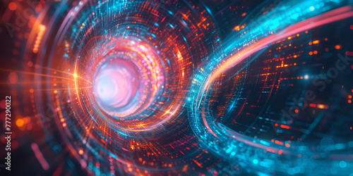 data tunnel in cyberspace, with glowing binary code , high-speed information transfer concept, galactic plane slices,celestial equator ,ecliptic, the path of the Sun on the sky, space galactic economy