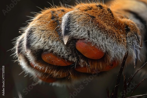 Macro tiger claw, bright light highlights, intricate detail, soft focus on wild surroundings