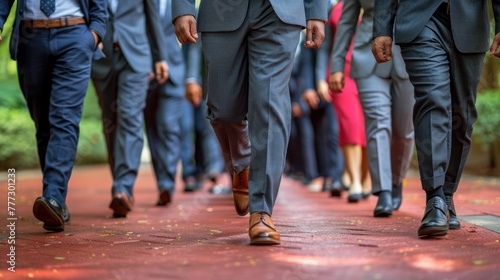 Group of men in formal attire walking down urban street