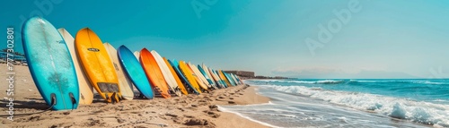 Surfs Up, Waves ready for surfing, with surfboards lined up on the beach, summer background