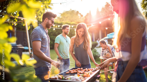 Five young adults enjoying an outdoor barbecue party with games and laughter in the backyard.