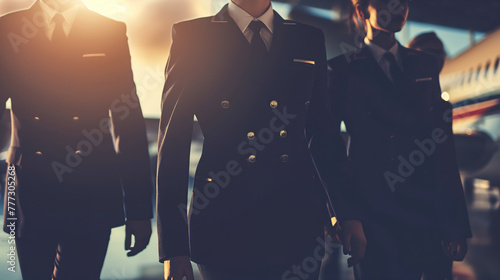 Pilots and cabin crew exude teamwork and excellence as they stride purposefully through the terminal.