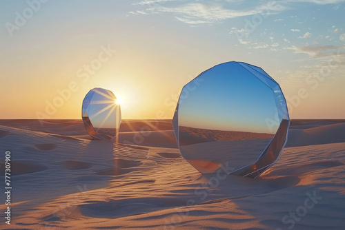 Two reflective polygons on sandy dunes during sunrise