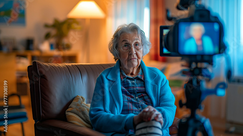 Elderly female influencer filming in her living room.