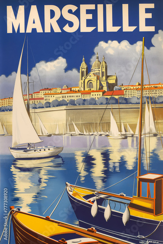Marseille Retro Poster, 1950s Old Port with Fishermen, Boats and Notre-Dame de la Garde.