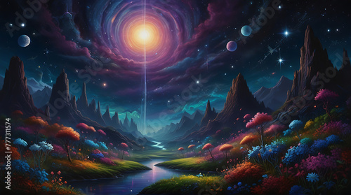 A shimmering cosmic digital garden gleams with silver hues, pixelated blossoms, and ethereal tendrils twisting among glowing stars. This surreal and fantastical painting, wallpaper