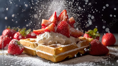 dynamic composition of a Belgian waffle with whipped cream, strawberries, and a dusting of powdered sugar