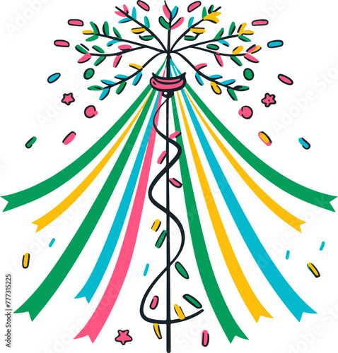 This festive illustration features a maypole adorned with vibrant ribbons, suitable for cultural celebrations and springtime events.