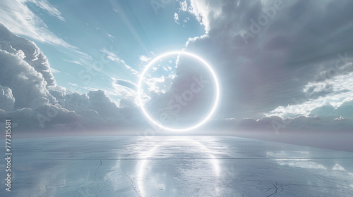 a futuristic white arena background with a large ring of light, in the style of light sky-blue and light bronze, transparent/translucent medium, large-scale minimalist, light gray and light bronze