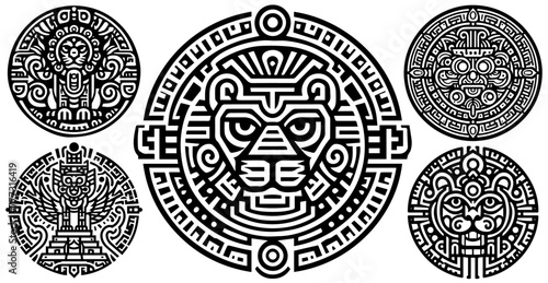 stamp emblem with Aztec and Inca motifs, ancient civilization, vector illustration, black silhouette svg, laser cutting cnc engraving