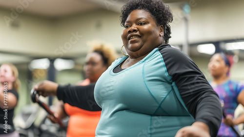 An energetic plus-size instructor champions health for all sizes during a lively gym session.