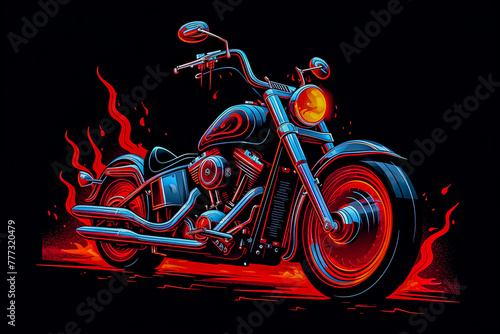 A colorful motorcycle with a neon light on the front wheel.