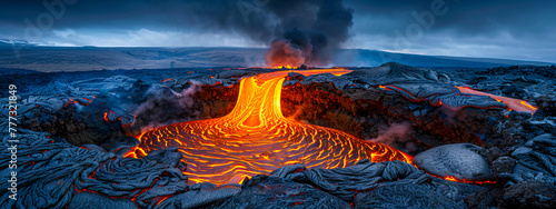 Volcanic eruption by night, glowing lava and smoke, adventure and natures spectacle