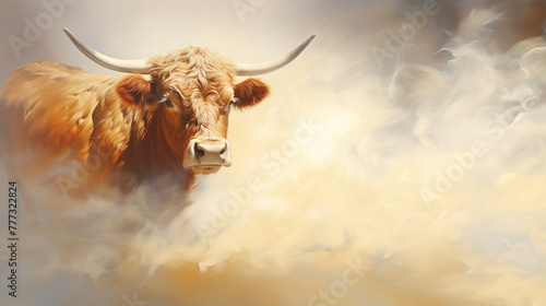 A serene cow grazes amid gentle wisps of smoke, blending rustic charm with a touch of mystique. A tranquil scene capturing the beauty of the pastoral and the enigmatic.