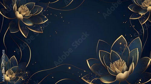 Gold lotuses frame on the deep blue background with copy space for text. Invitation, cover, greeting card, special offer banner, spa.