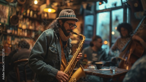 Saxophonist performing in a bustling cafe, with a double bass player in the background. Cozy atmosphere with talented people