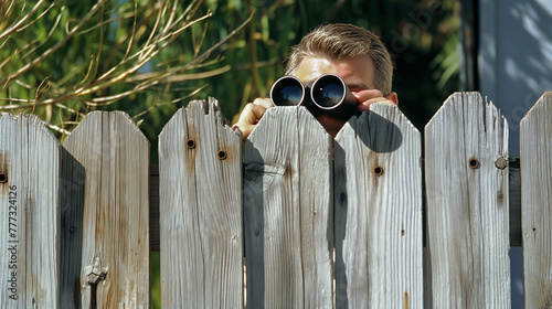 A curious man peeking over a wooden fence with binoculars, displaying an air of nosy neighbor in suburbia.