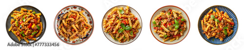 Collection of top view plate of fusilli pasta isolated on a transparent background, PNG