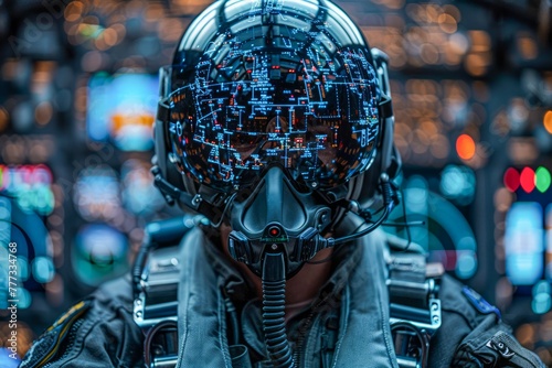 Close Up of Modern Fighter Pilot Helmet with Advanced Heads Up Display in Cockpit Background