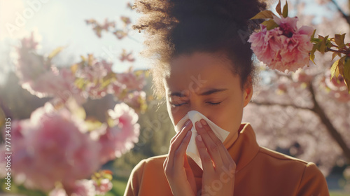 African american Woman sneezing into paper tissue, blooming trees in the background. Person having seasonal allergic reaction to pollen, blooming trees, grass, hay, that causes sneezing