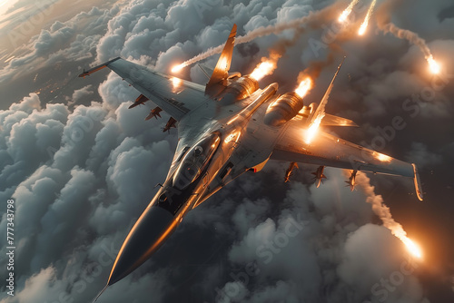 An advanced jet fighter executing a precise, high-speed maneuver against a backdrop of a dramatic sunset sky
