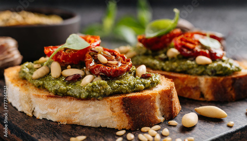 Close-up of toasted bread with vegan pesto spread with sun-dried tomatoes and pine nuts. Tasty food.