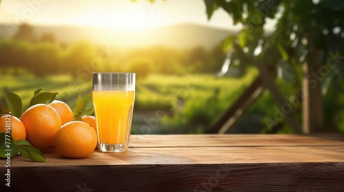 Glass of fresh orange juice and fruits on wooden tabletop desk and summer landscape of orange garden with sun light.