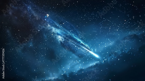 A captivating view of a comet streaking through the night sky, with its glowing tail trailing behind it as it travels through the solar system.