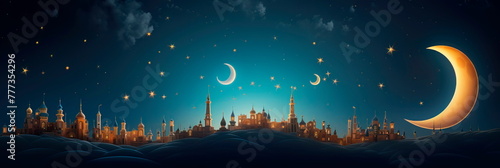 vibrant a crescent moon and twinkling stars to symbolize the beginning of Ramadan. Generative AI