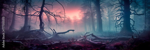 mystical atmosphere of a fog-covered forest by using long exposure to soften the fog and highlight the ghostly outlines of trees. Generative AI