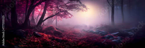 mystical atmosphere of a fog-covered forest by using long exposure to soften the fog and highlight the ghostly outlines of trees. Generative AI